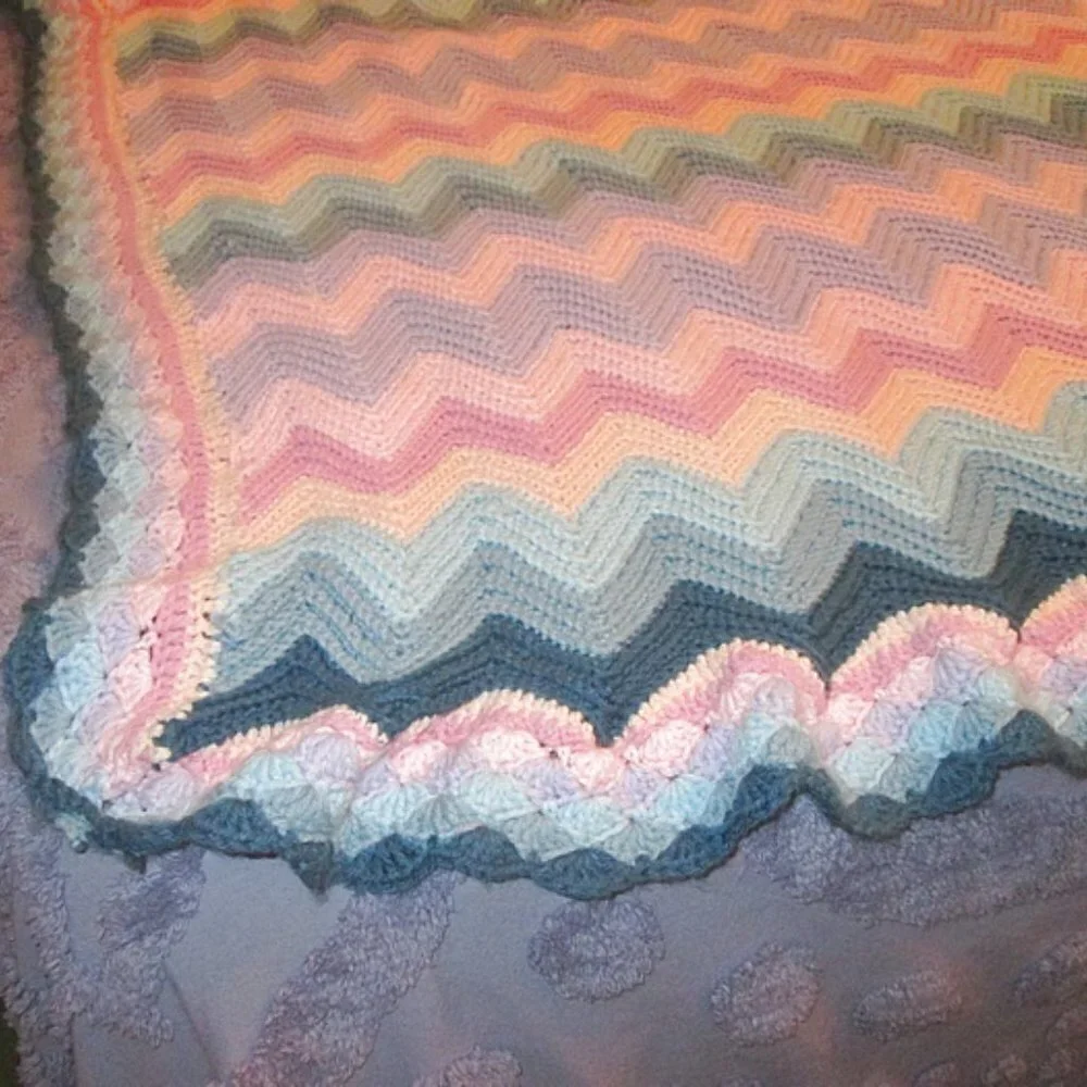 Vtg 90s Hand Crochet Afghan Throw Blanket Couch Throw Colorful Chevron Boho 59”